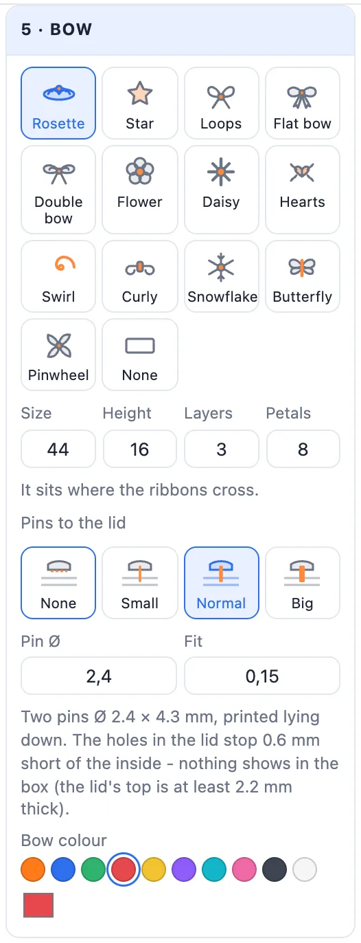 The Bow card: thirteen bow tiles, size, height, layers, petals, the pins and the bow colour