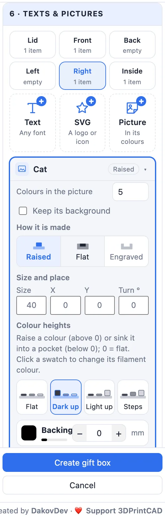 The Texts and pictures card: the face tabs, the add tiles and the items