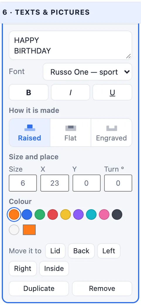 A text item opened: its text, font, how it is made, size, place, turn, colour and move it to
