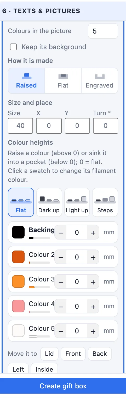 A picture item opened: colours, keep its background, how it is made, size and place, and the colour heights