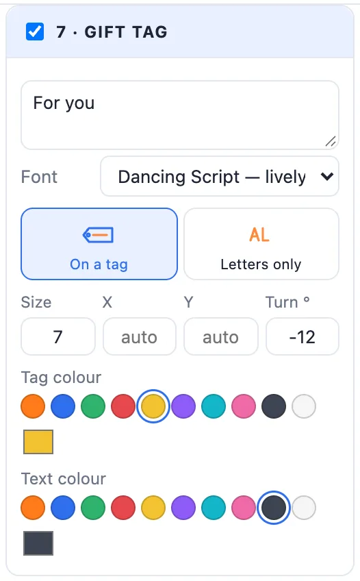 The Gift tag card: its text, font, on a tag or letters only, size, place, turn and colours