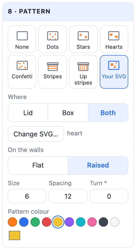 The Pattern card: eight pattern tiles with Your SVG picked, where, on the walls, size, spacing, turn and colour