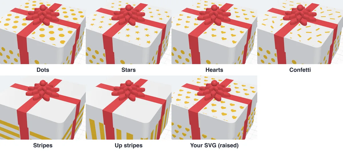 The box with dots, stars, hearts, confetti, stripes, up stripes and a heart SVG