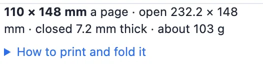 The info box: a page 110 by 148 mm, open 232 mm, closed thickness and grams