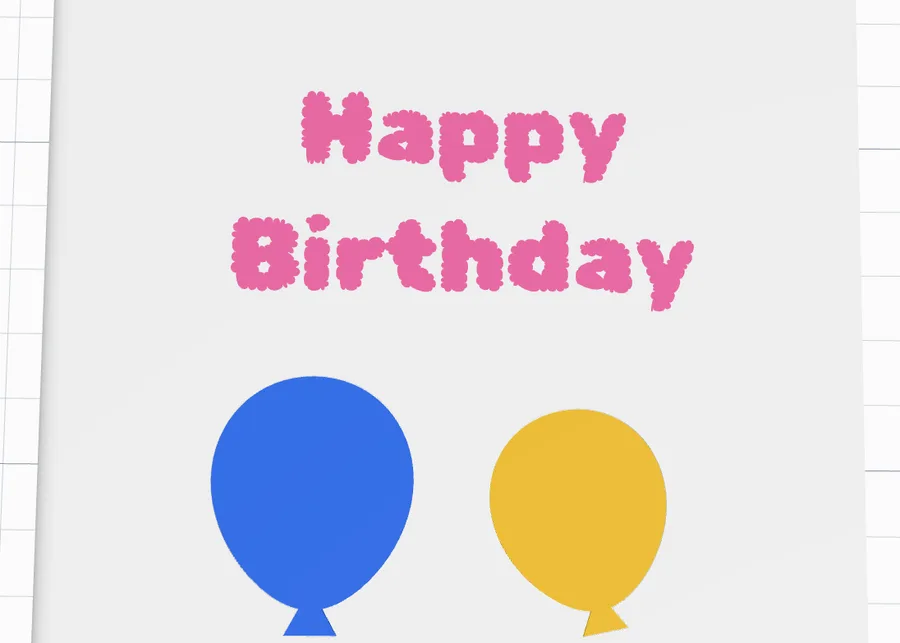 The birthday card closed: Happy Birthday in pink bubble letters and two balloons