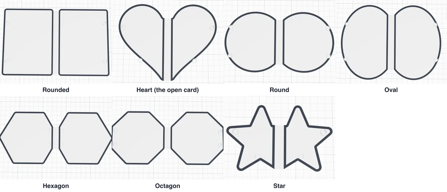The blank card in seven shapes: rounded, a heart as the open card, round, oval, hexagon, octagon and star