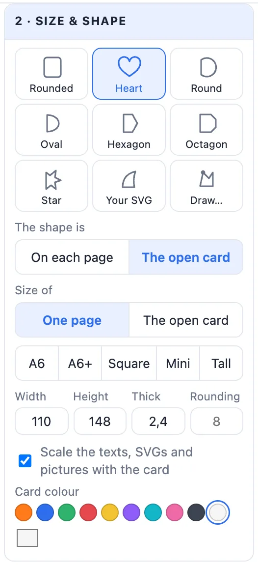 The Size and shape card: shape tiles, the shape is, size of, size chips, width, height, thick, rounding, scale with the card, card colour