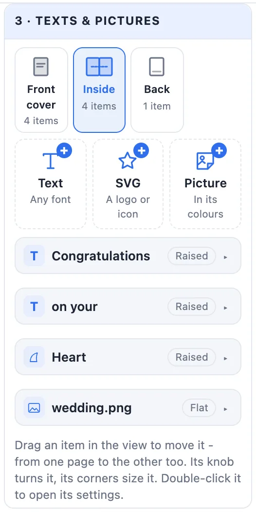 The Texts and pictures card: the face tabs, the add tiles and the items of the inside