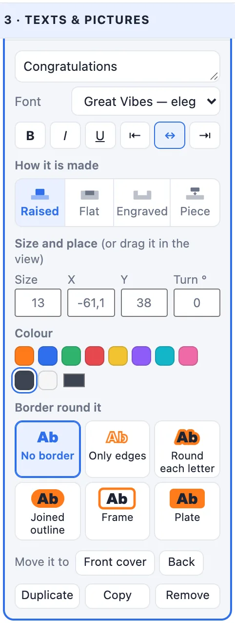 A text item opened: its text, font, bold, italic, underline, alignment, how it is made, size, place, colour and border