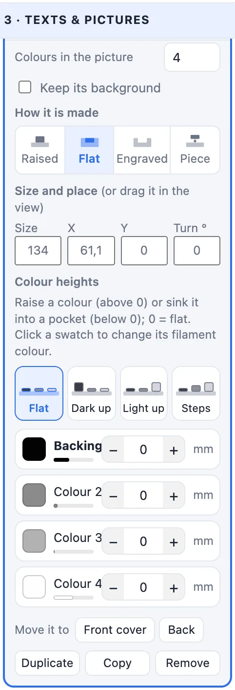 The picture item: colours, keep its background, how it is made and the colour heights with presets and a row per colour