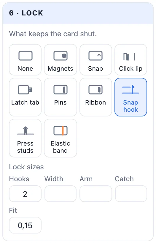 The Lock card with its ten tiles and the snap hook sizes