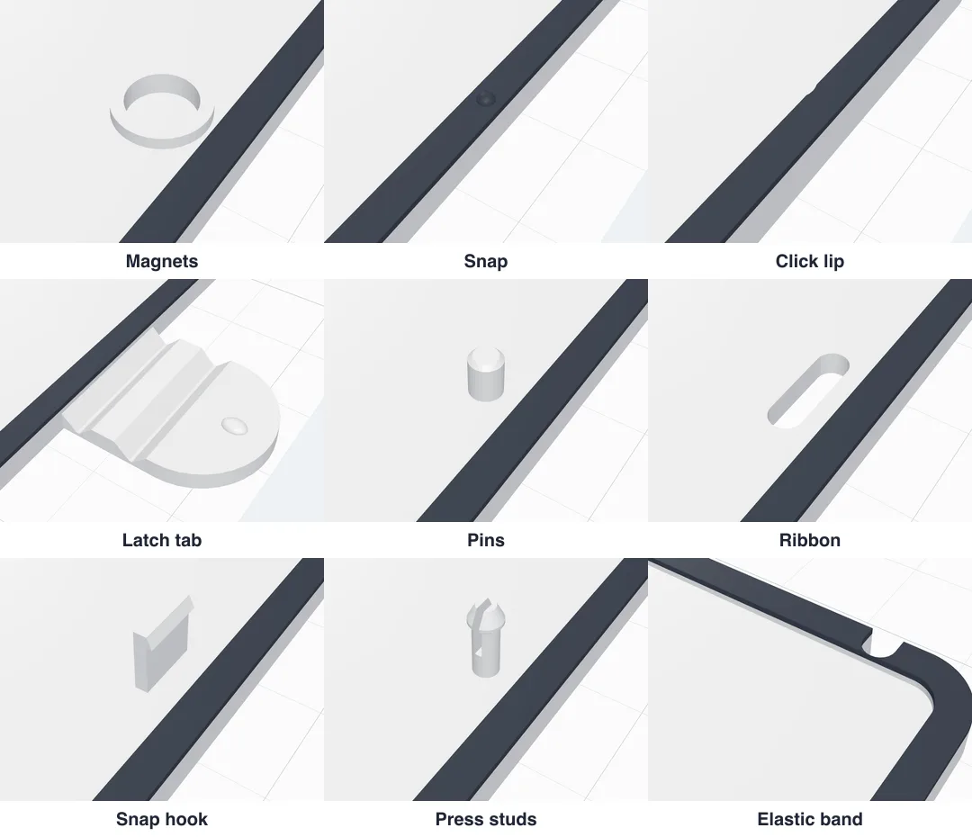 Close-ups of nine locks near the opening edge of a page: magnets, snap, click lip, latch tab, pins, ribbon, snap hook, press studs and elastic band