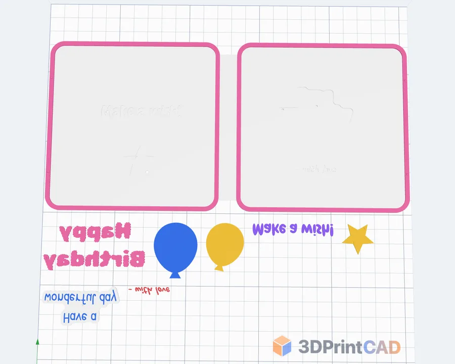 The birthday card laid out for printing with every colour a piece: the card and its pieces in rows below