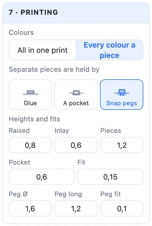 The Printing card: all in one print or every colour a piece, glue, a pocket or snap pegs, heights and fits