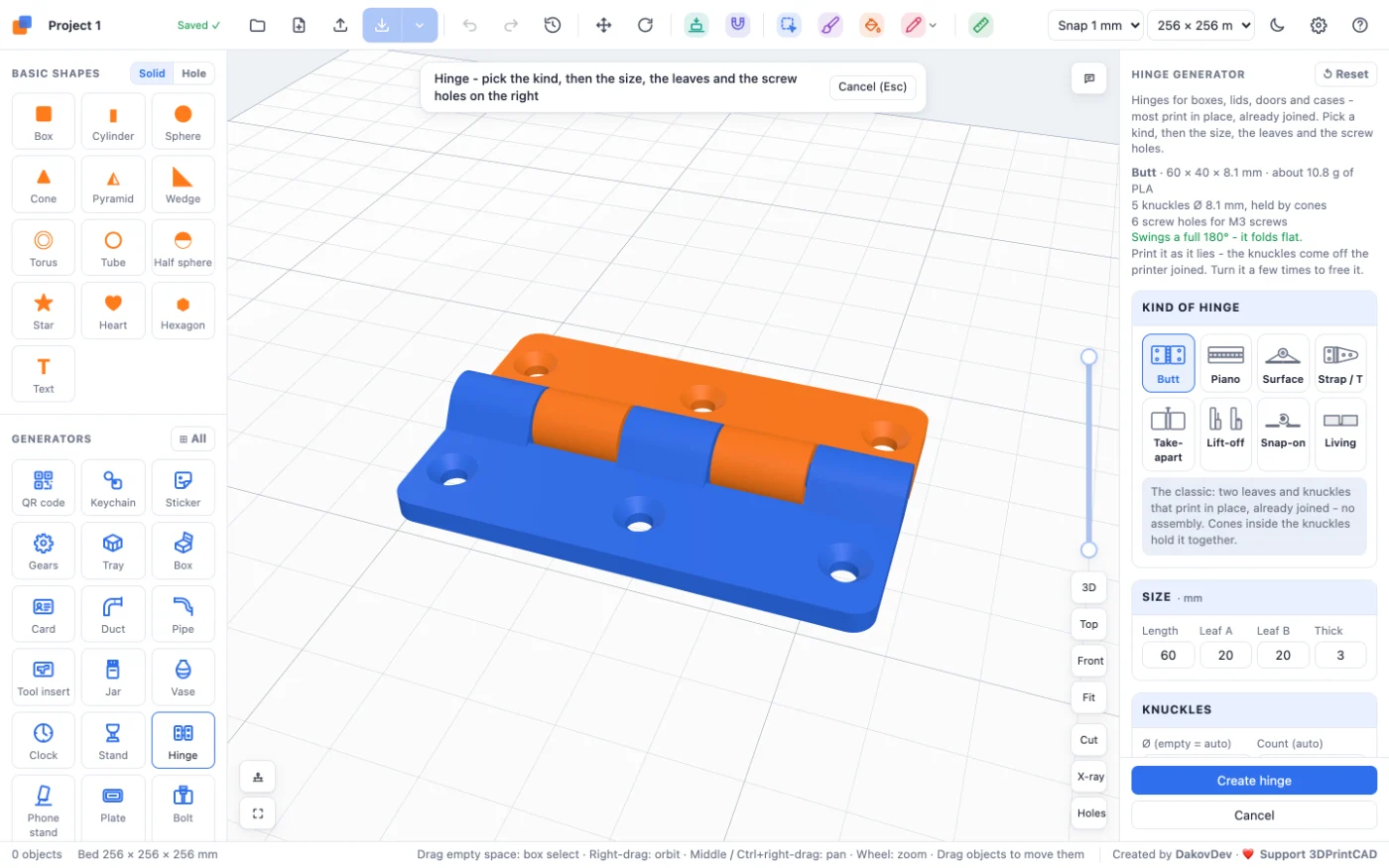 The Hinge generator in 3DPrintCAD: a blue and orange butt hinge on the bed, its settings on the right