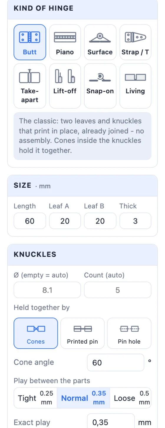 The top of the Hinge generator panel: the kinds of hinge, the size and the knuckles