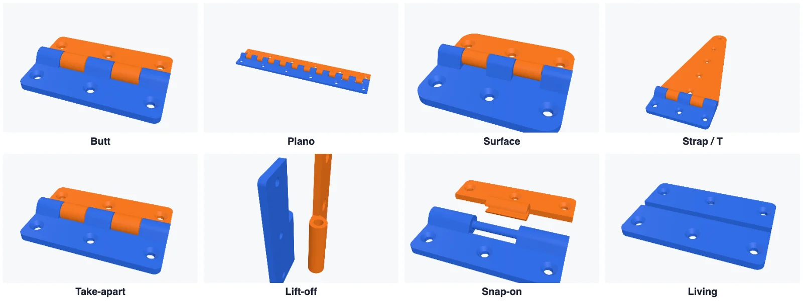The eight kinds of hinge: butt, piano, surface, strap, take-apart, lift-off, snap-on and living