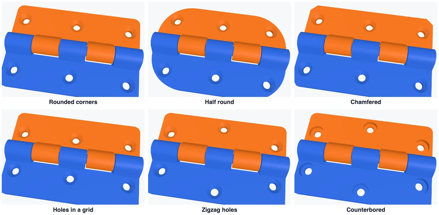 Hinges seen from above with rounded, half round and chamfered leaves, holes in a grid and in a zigzag, and counterbored holes