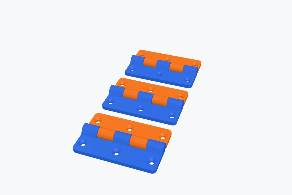 Three butt hinges side by side on one plate, blue and orange