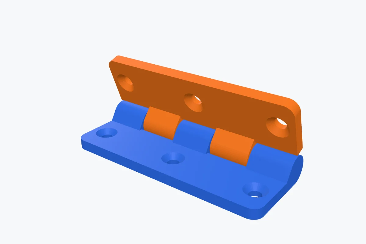 A blue and orange surface hinge opened to 120 degrees, with countersunk screw holes