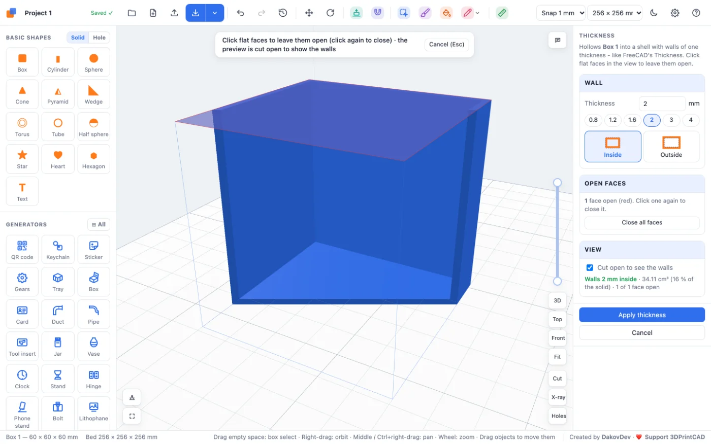 The Thickness tool on a 60 mm box: 2 mm walls inside, the top face open, the preview cut open