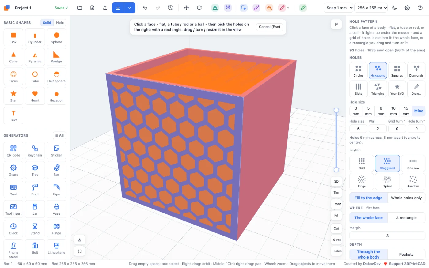 A honeycomb preview on the front face of the hollow box, the Hole pattern panel on the right