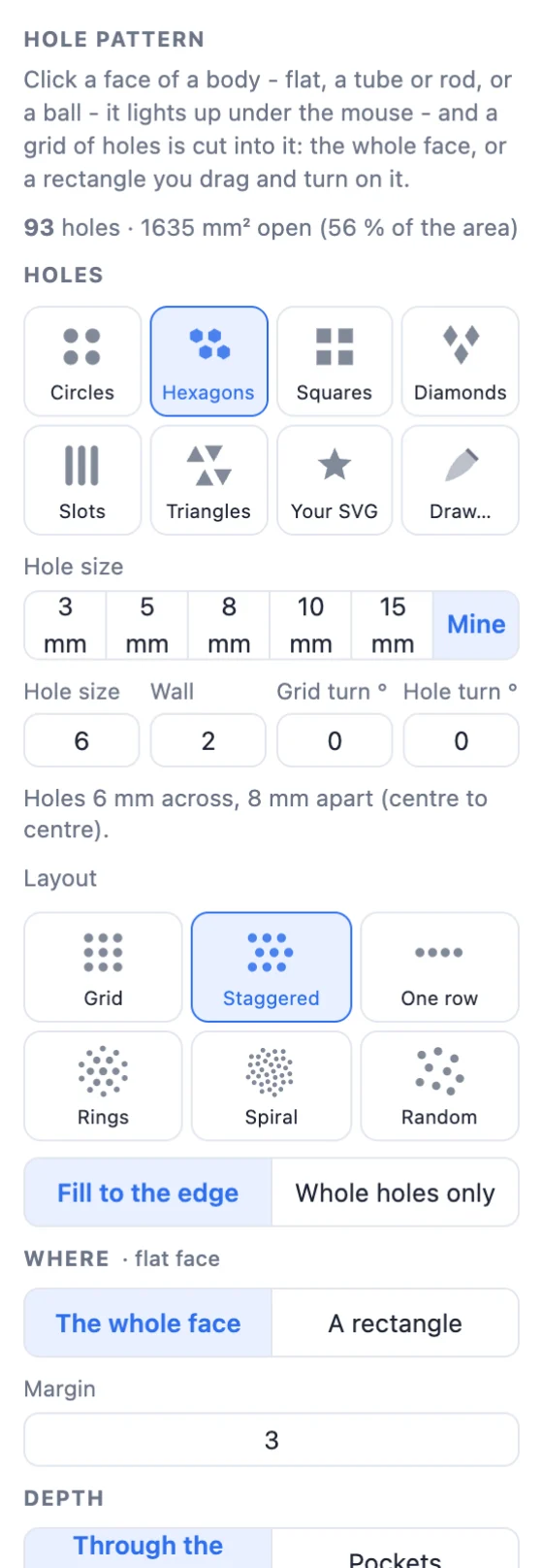 The Hole pattern panel: hole shapes, hole size chips, wall, grid turn, hole turn, layouts, fill, where and depth