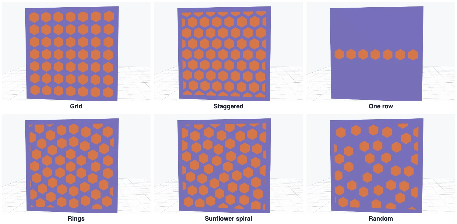 Hexagon holes in six layouts: grid, staggered, one row, rings, sunflower spiral and random
