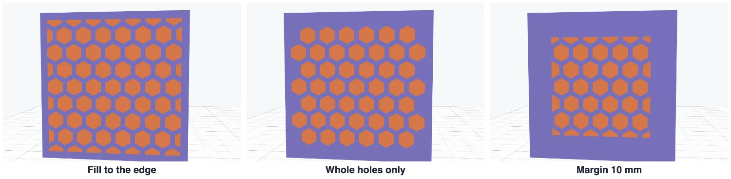 The same honeycomb filling to the edge, with whole holes only, and with a 10 mm margin