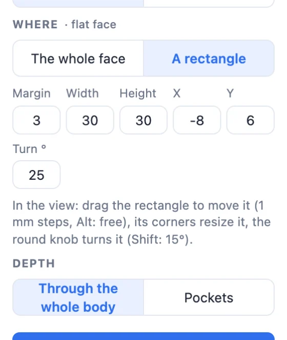 The Where card with A rectangle chosen: margin, width, height, X, Y and turn