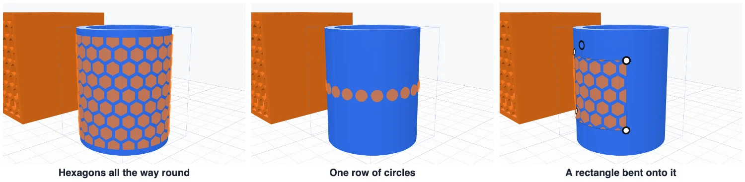 Hexagons all the way round a tube, one row of circles, and a rectangle of hexagons bent onto the tube