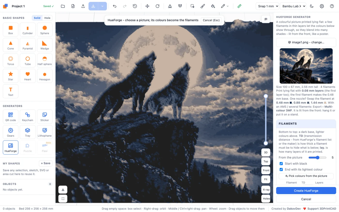 The 3DPrintCAD app with the wolves picture as a HueForge-style print and the HueForge panel on the right