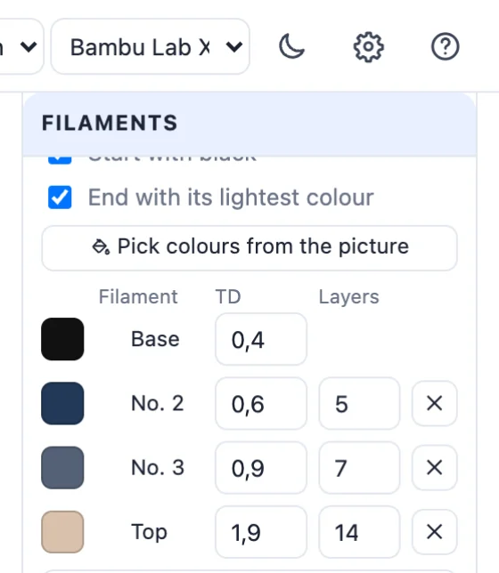 The Filaments card: start with black, end with its lightest colour, pick colours from the picture, and four filaments with their TD and layers