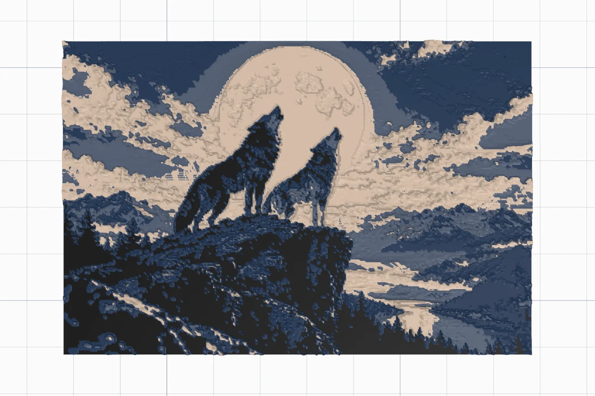 The wolves print with blending switched off: each region in its filament's own colour, black, dark blue, grey blue and beige