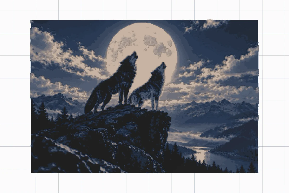 Two wolves howling at a full moon above mountains and a lake, made as a HueForge-style print in four filaments