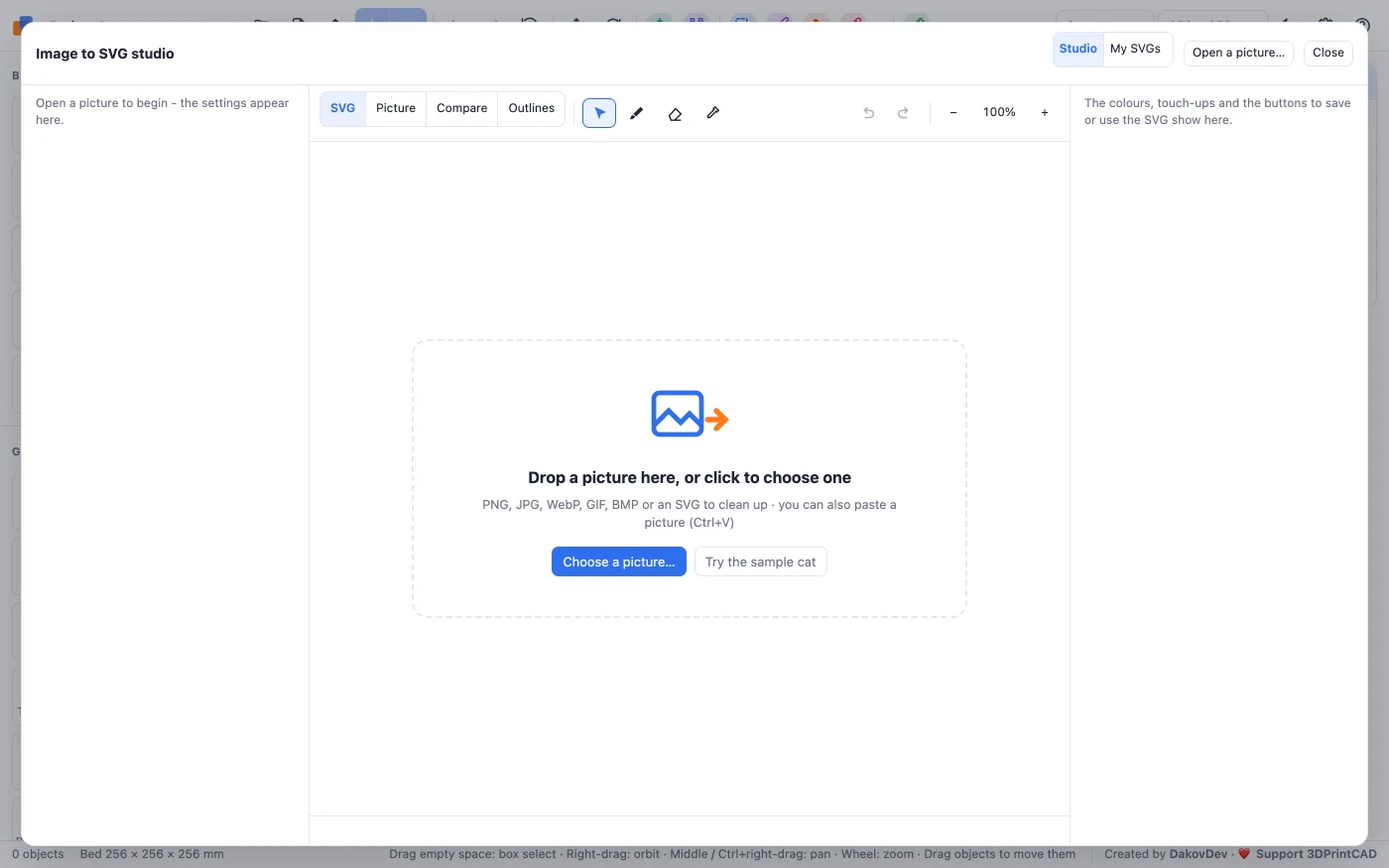 The empty Image to SVG studio with its drop zone: Choose a picture and Try the sample cat