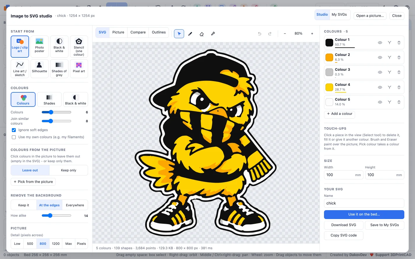The chick mascot traced into five colours, the settings on the left and the colours list on the right