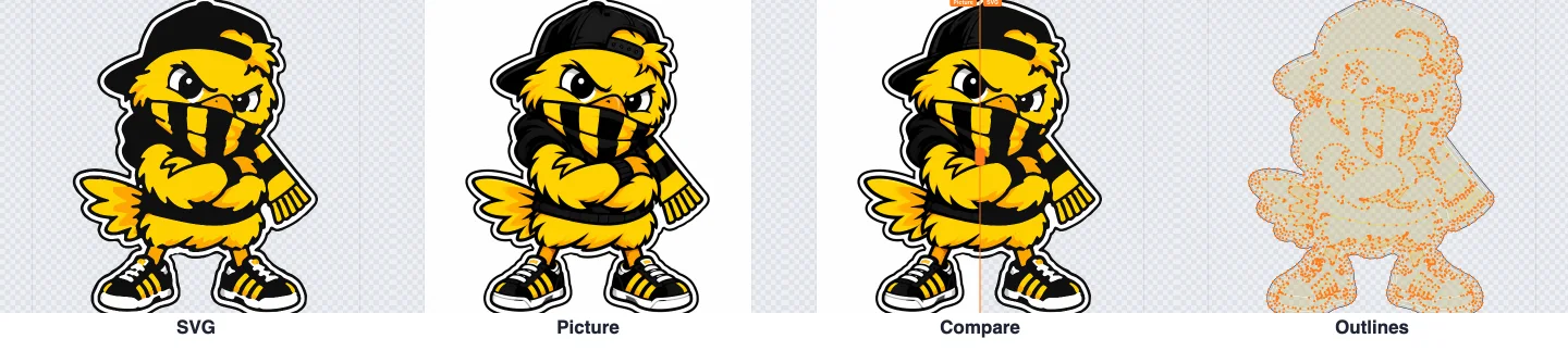 The four views: the SVG, the original picture, the compare slider and the outlines