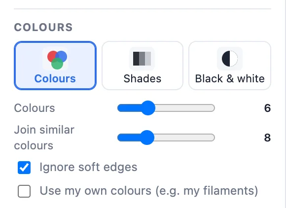 The Colours card: mode tiles, the number of colours, join similar colours, ignore soft edges and use my own colours