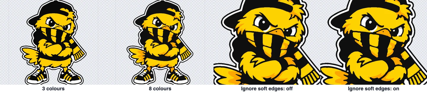 The chick with 3 and with 8 colours, and a close-up with Ignore soft edges off - grey outlines - and on