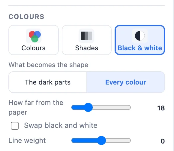 Black and white settings: what becomes the shape, how far from the paper, swap black and white and the line weight