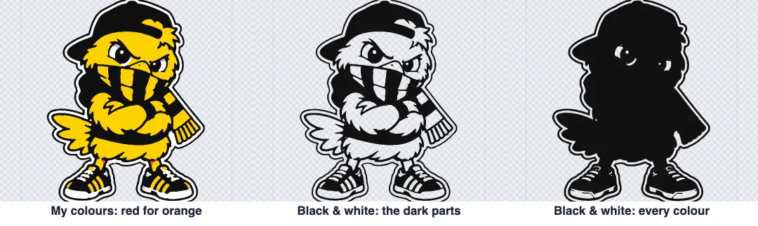 The chick in black and white by its dark parts, by every colour, and in your own colours