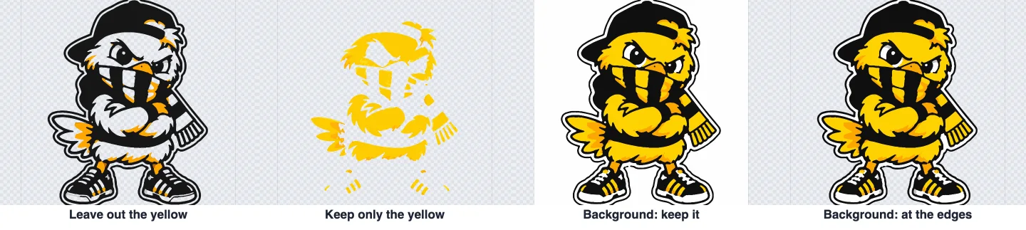 The chick without its yellow, only its yellow, with the background kept and with it removed at the edges