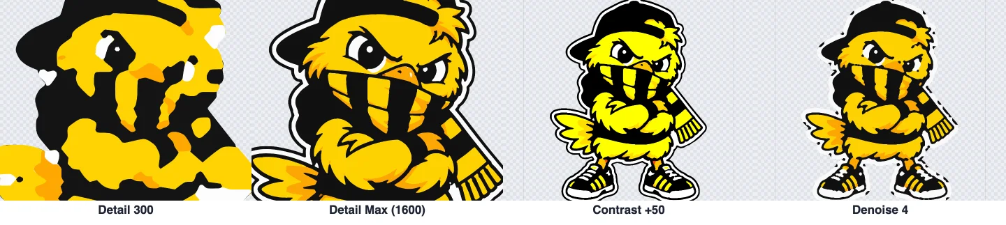 Close-ups at detail 300 and Max, and the chick with more contrast and with strong denoise