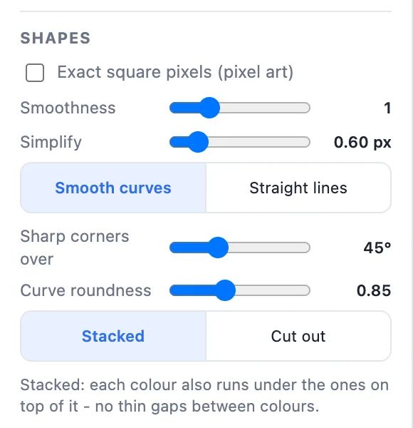 The Shapes card: pixels, smoothness, simplify, smooth curves or straight lines, sharp corners, curve roundness, stacked or cut out
