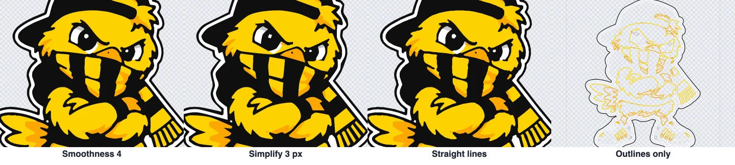 Close-ups with smoothness 4, simplify 3 px, straight lines, and the chick as outlines only