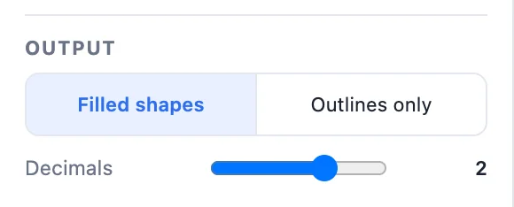 The Output card: filled shapes or outlines only, and the number of decimals
