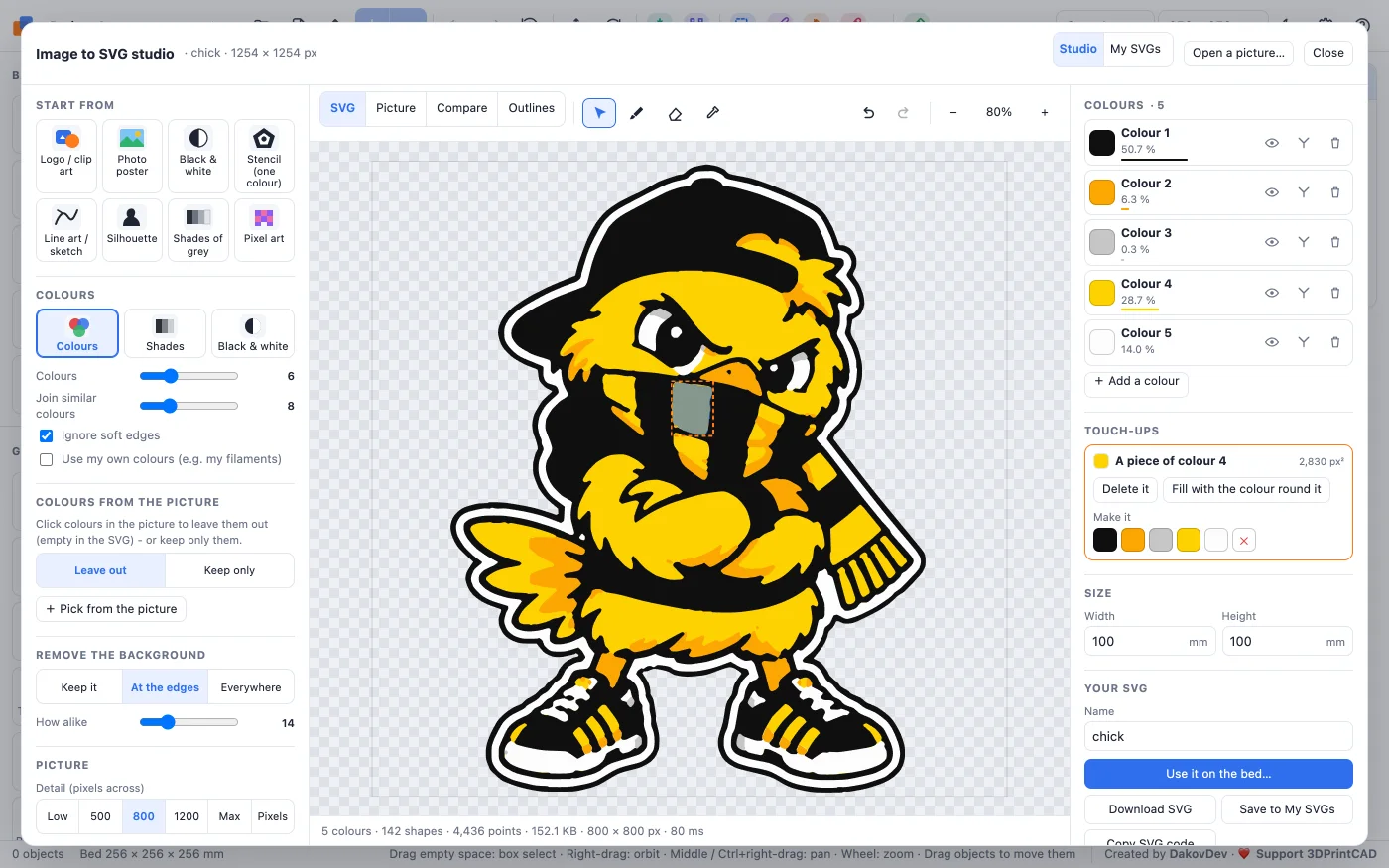 A piece of the chick's mask selected, tinted blue, with Delete it, Fill with the colour round it and Make it swatches on the right