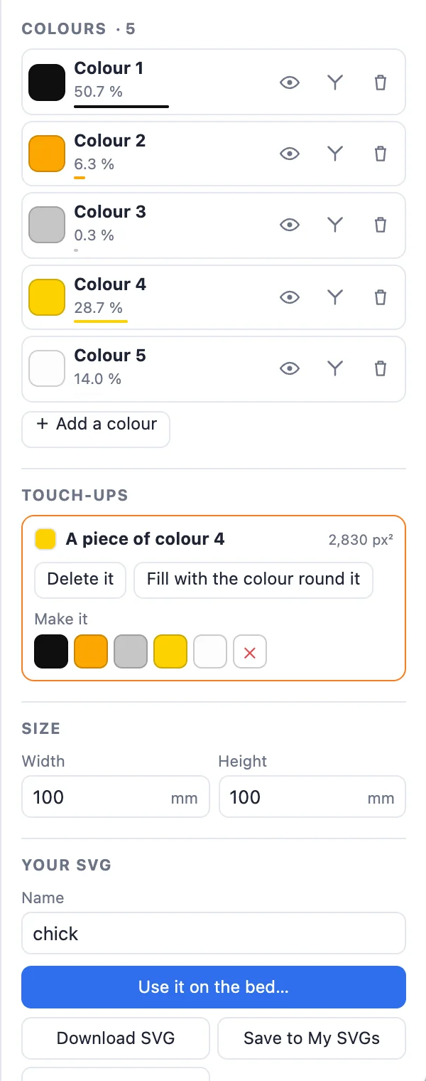 The right column: the colours list, touch-ups, size, name and the result's buttons