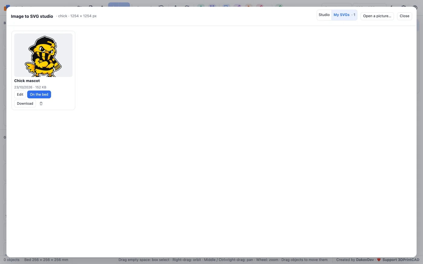 The My SVGs tab with the saved chick mascot: Edit, On the bed, Download and delete